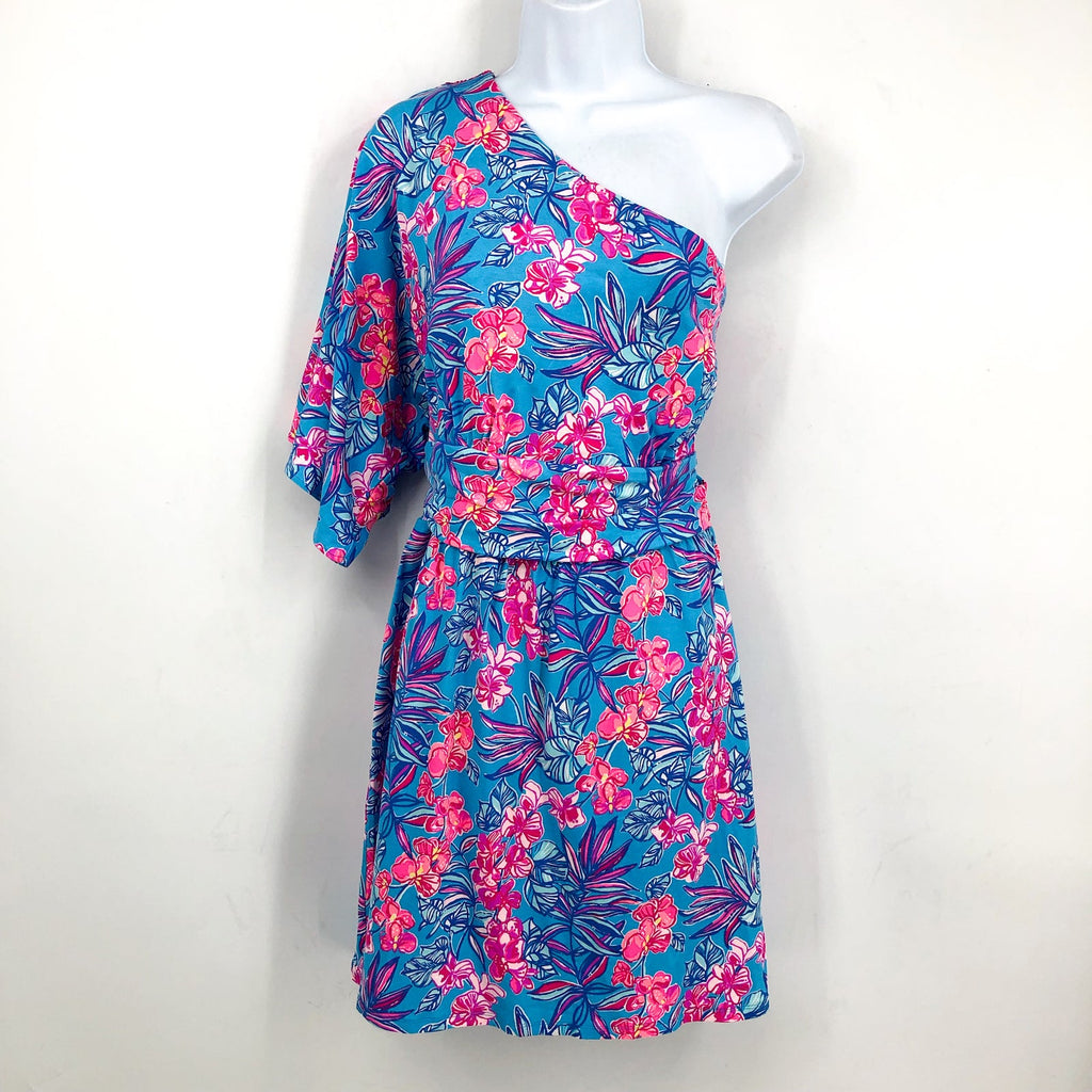 LILLY PULITZER Niki One Shoulder Romper Size 16 Cumulus Blue Orchid Oasis NWT