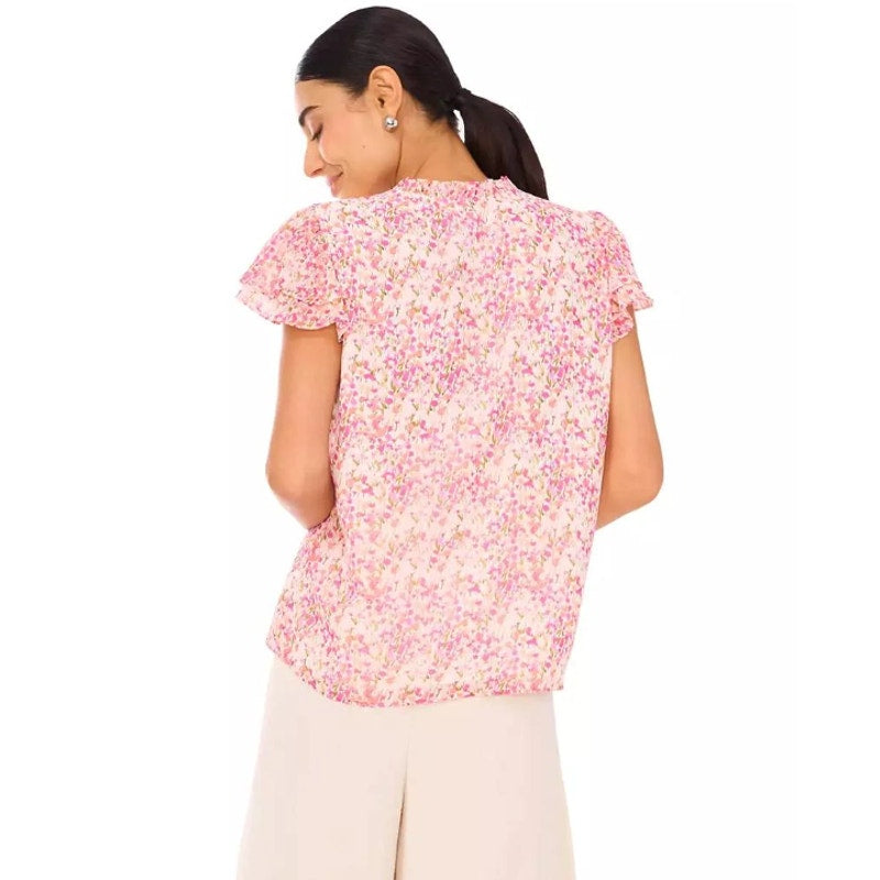 CECE Women's Ruffled Blouse XS Pink Floral Keyhole-Neck Flutter-Sleeve NWT