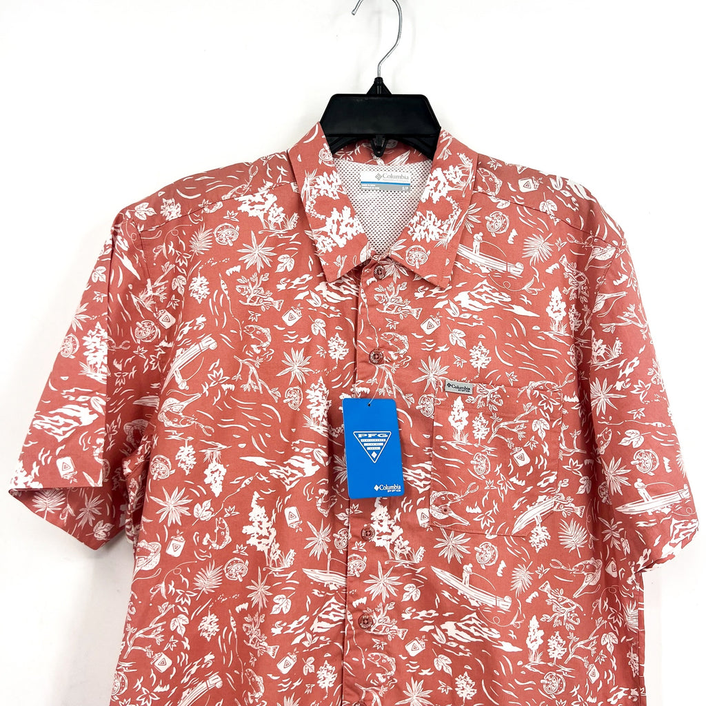 COLUMBIA Mens PFG Trollers Best Short Sleeve Shirt Small Pale Pink White NWT