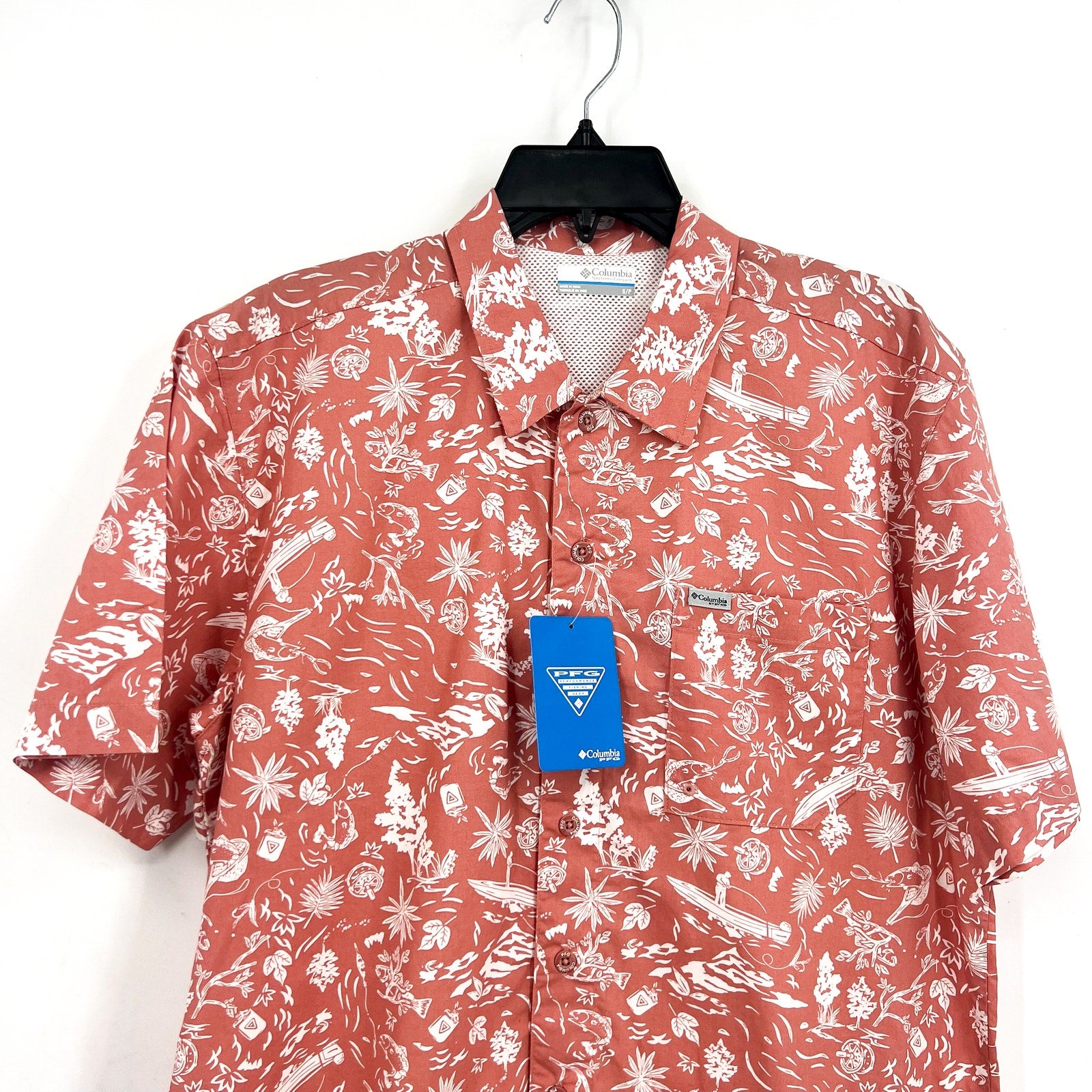 COLUMBIA Mens PFG Trollers Best Short Sleeve Shirt Small Pale Pink White NWT