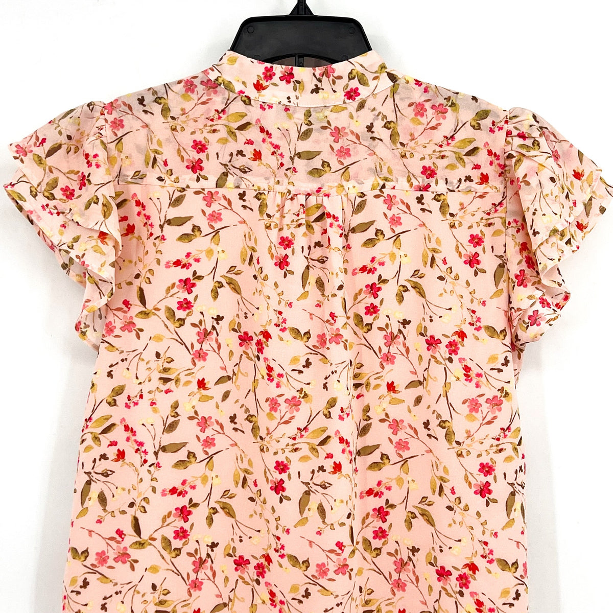 CECE Women's Placket Blouse Medium Pink Floral Double Flutter Short Sleeves NWT