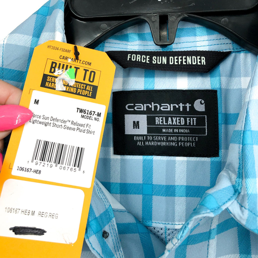 CARHARTT Men's Force Relaxed Fit Plaid Shirt Medium Storm Blue Sun Defender NWT