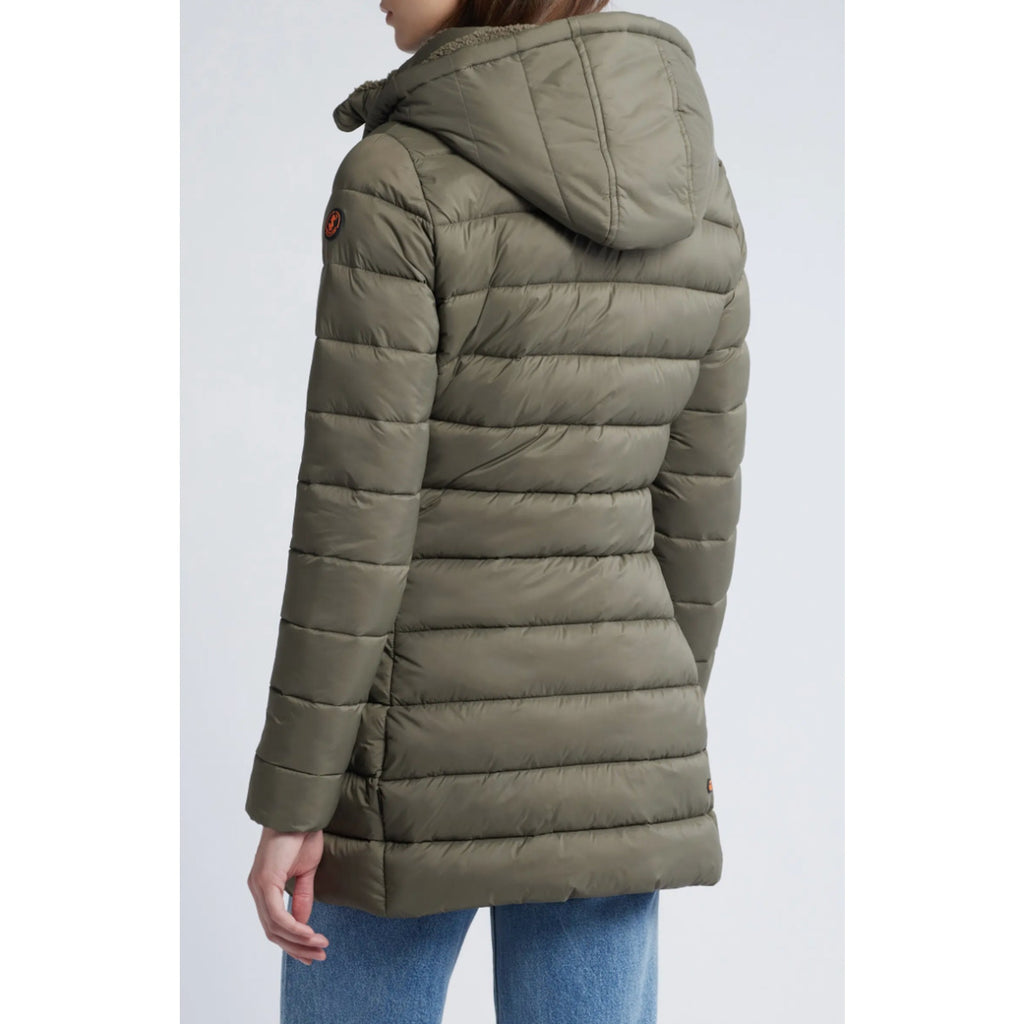 SAVE THE DUCK Joanne Hooded Longline Puffer Jacket Large Size 12 Grey Taupe NWT