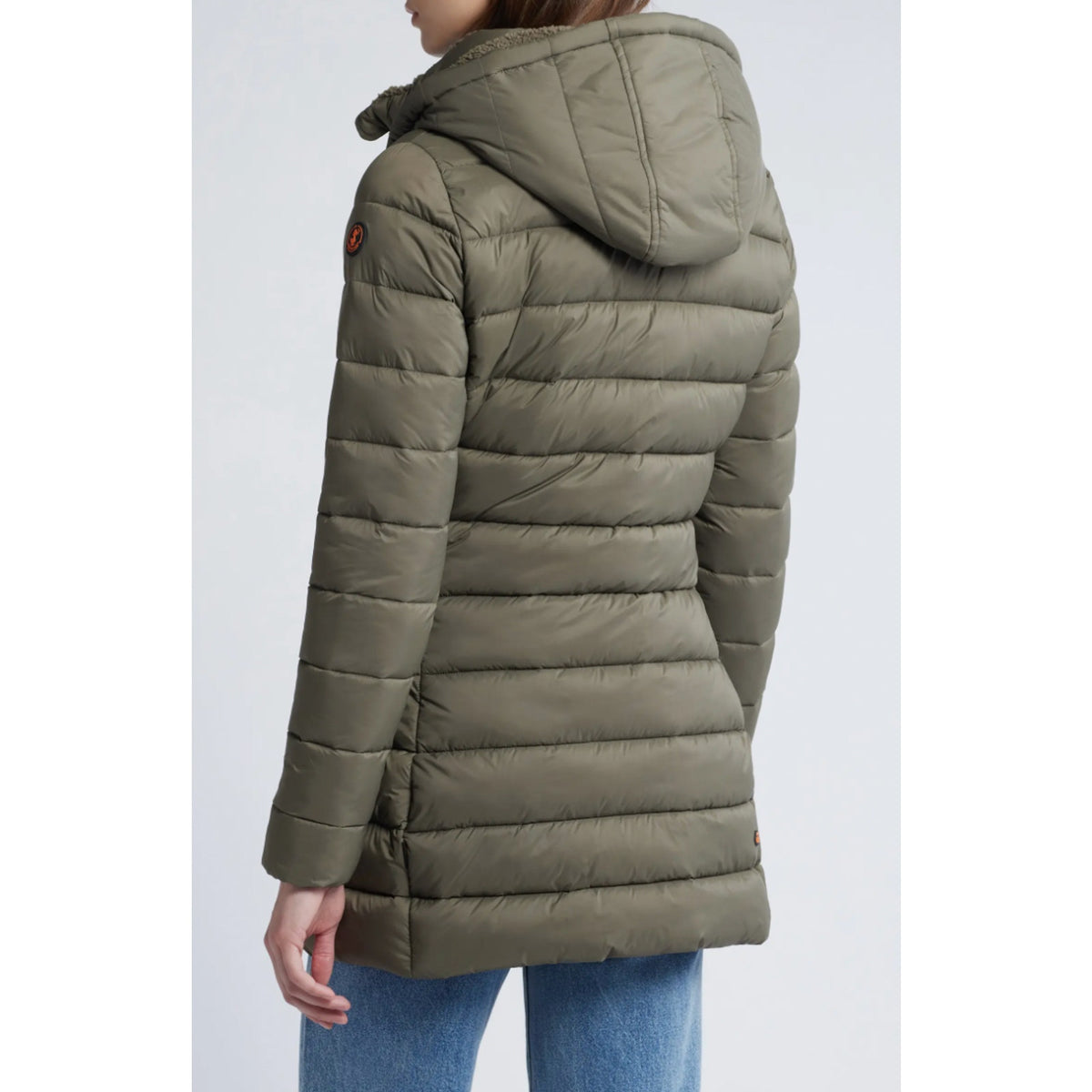 SAVE THE DUCK Joanne Hooded Longline Puffer Jacket Large Size 12 Grey Taupe NWT