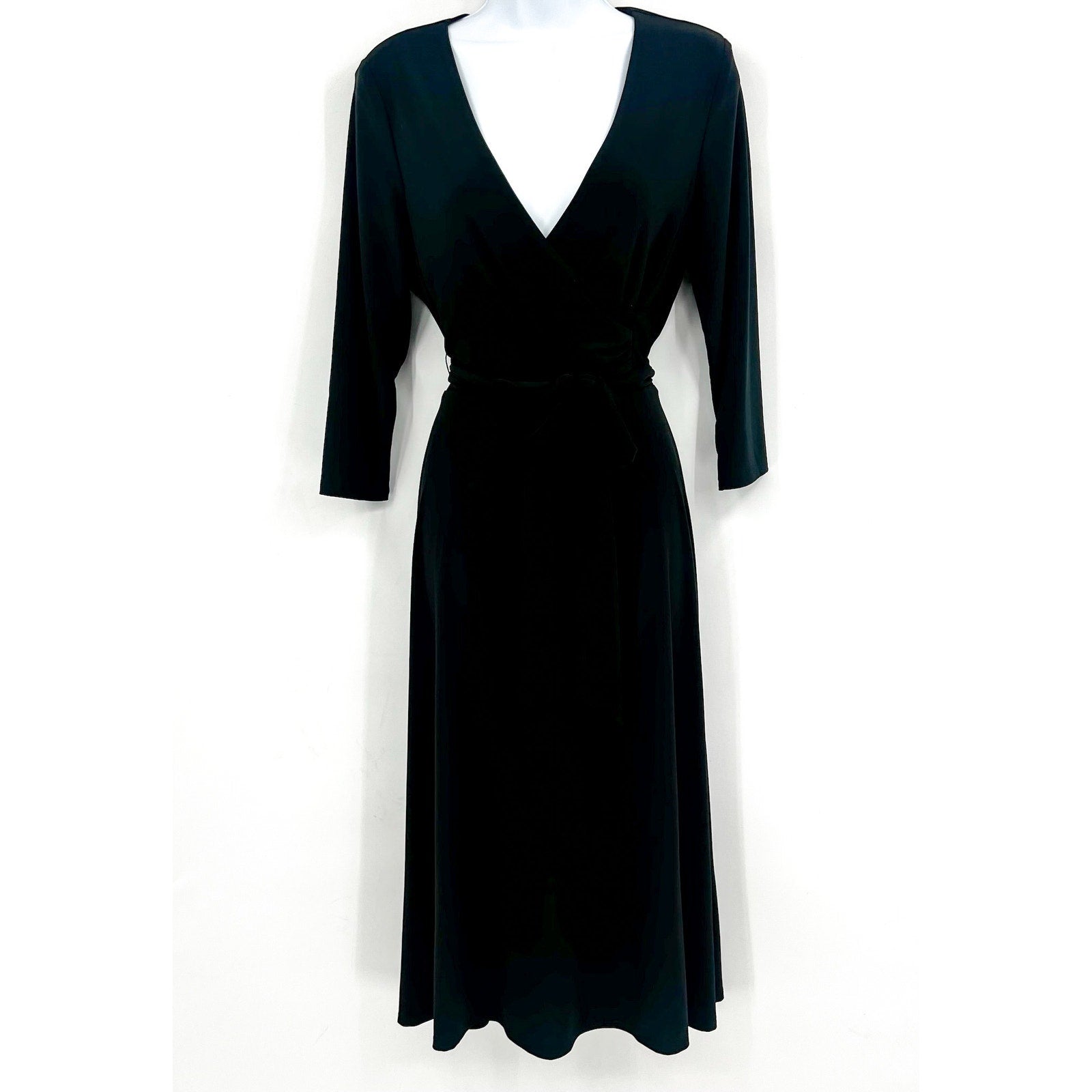 LAUREN RALPH LAUREN Surplice Jersey Dress Size 6 Black 3/4 Sleeves Belted NWT