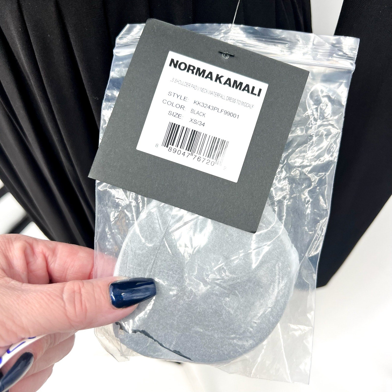 NORMA KAMALI Shoulder Pad Waterfall Dress XS/34 Black V Neck Stretch LS NWT