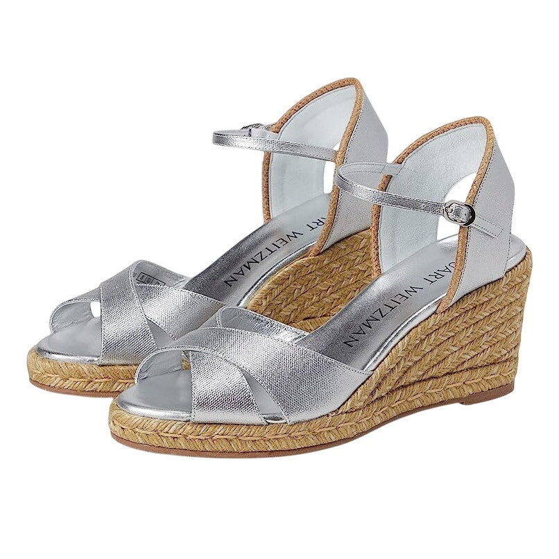 Stuart Weitzman Mirela II Espadrille Wedge Sandals Size 10 B Silver Leather NIB