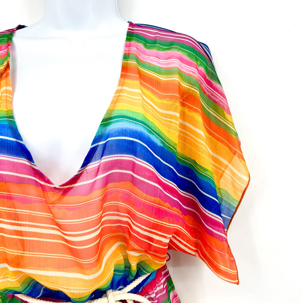 BECCA Shoreline Tunic Beach Cover Up XS-S Rainbow Multi Belted Chiffon NWT