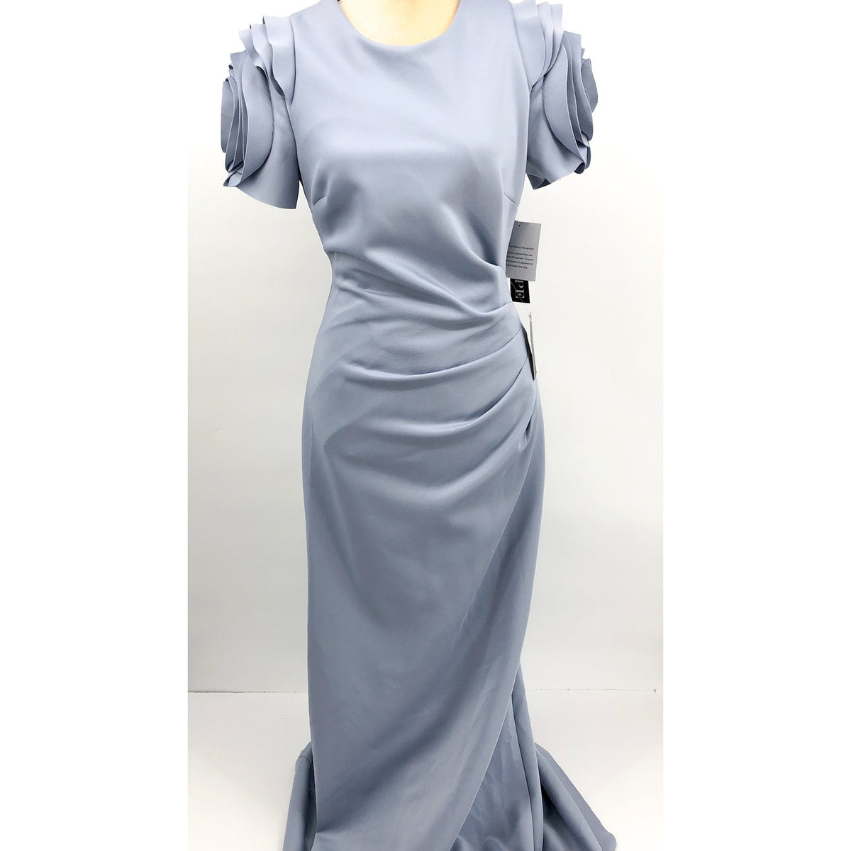 XSCAPE Rosette Ruched Sheath Gown Size 12 Sky Blue Short Sleeve Floral 4721X NWT