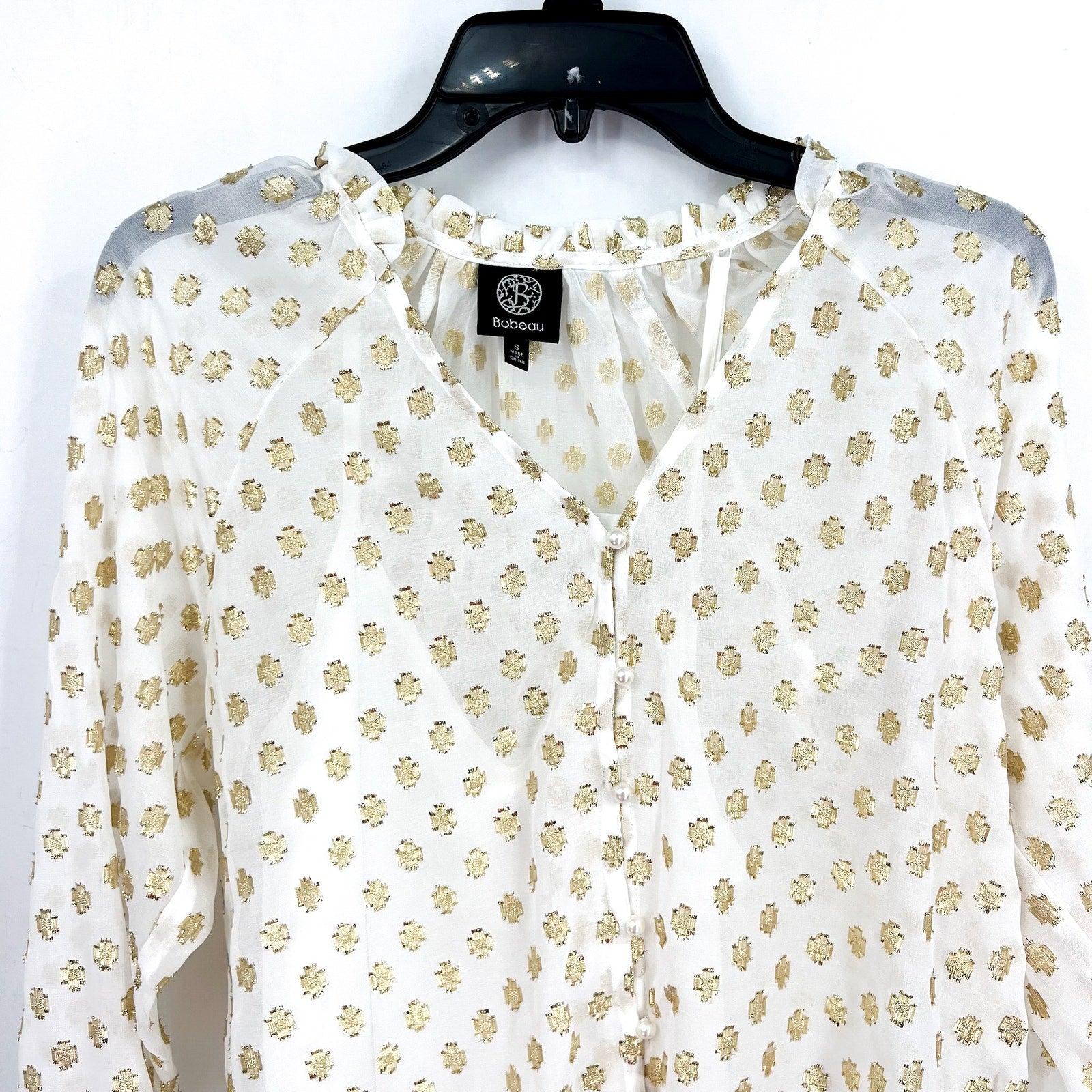 BOBEAU STITCH FIX Womens Metallic Print Blouse Small White Gold Dots Top NWOT