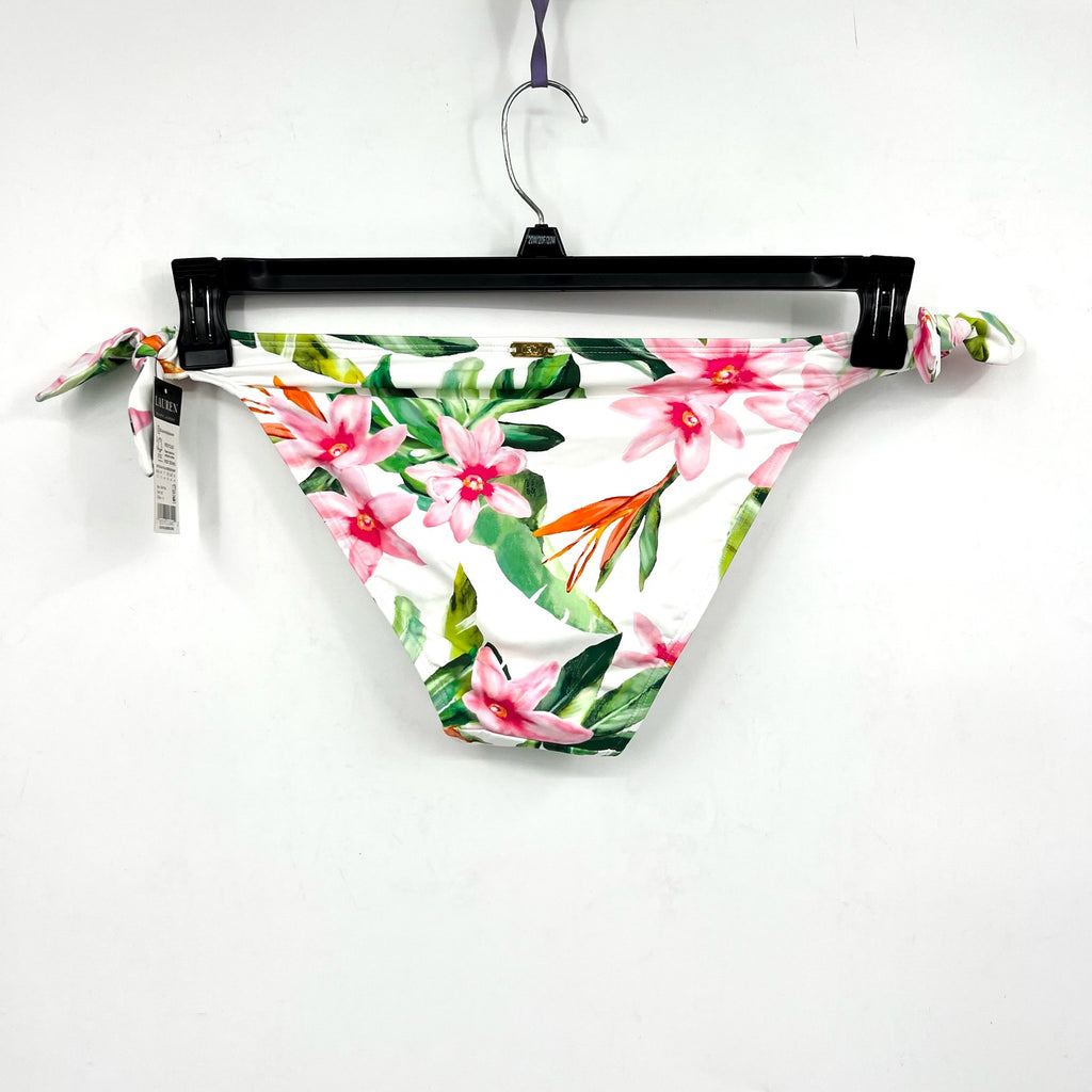 LAUREN RALPH LAUREN Hipster Bikini Bottom Size 10 White Pink Floral Side-Tie NWT