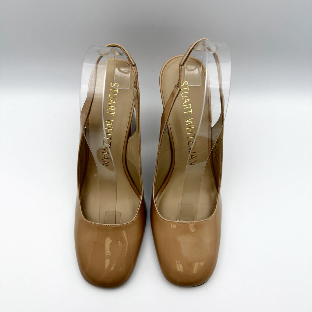 Stuart Weitzman Womens Curve Block Slingback Heels US 8 Nude Patent Leather NWOB