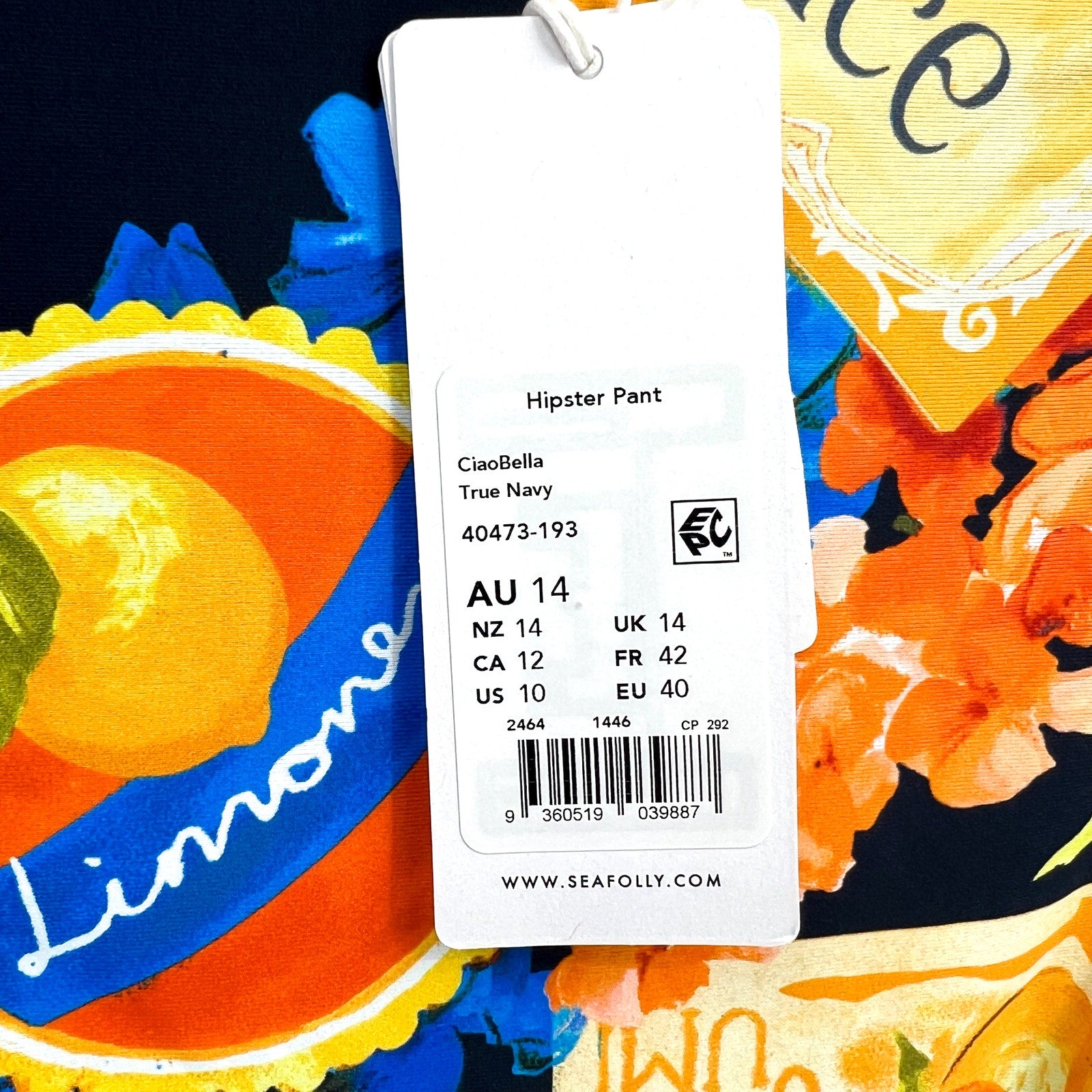 SEAFOLLY Women's Ciao Bella Hipster Bikini Pant Size 10 Blue Yellow Printed NWT