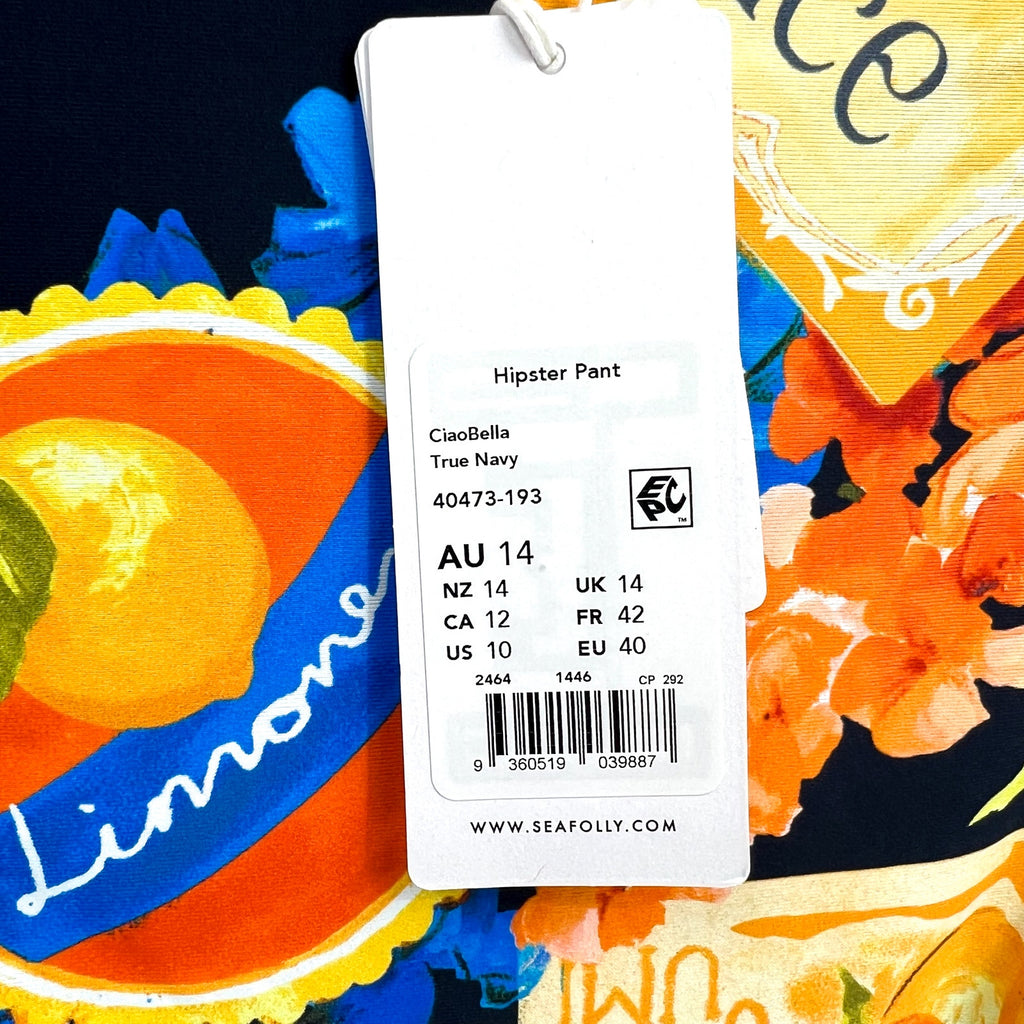 SEAFOLLY Women's Ciao Bella Hipster Bikini Pant Size 10 Blue Yellow Printed NWT