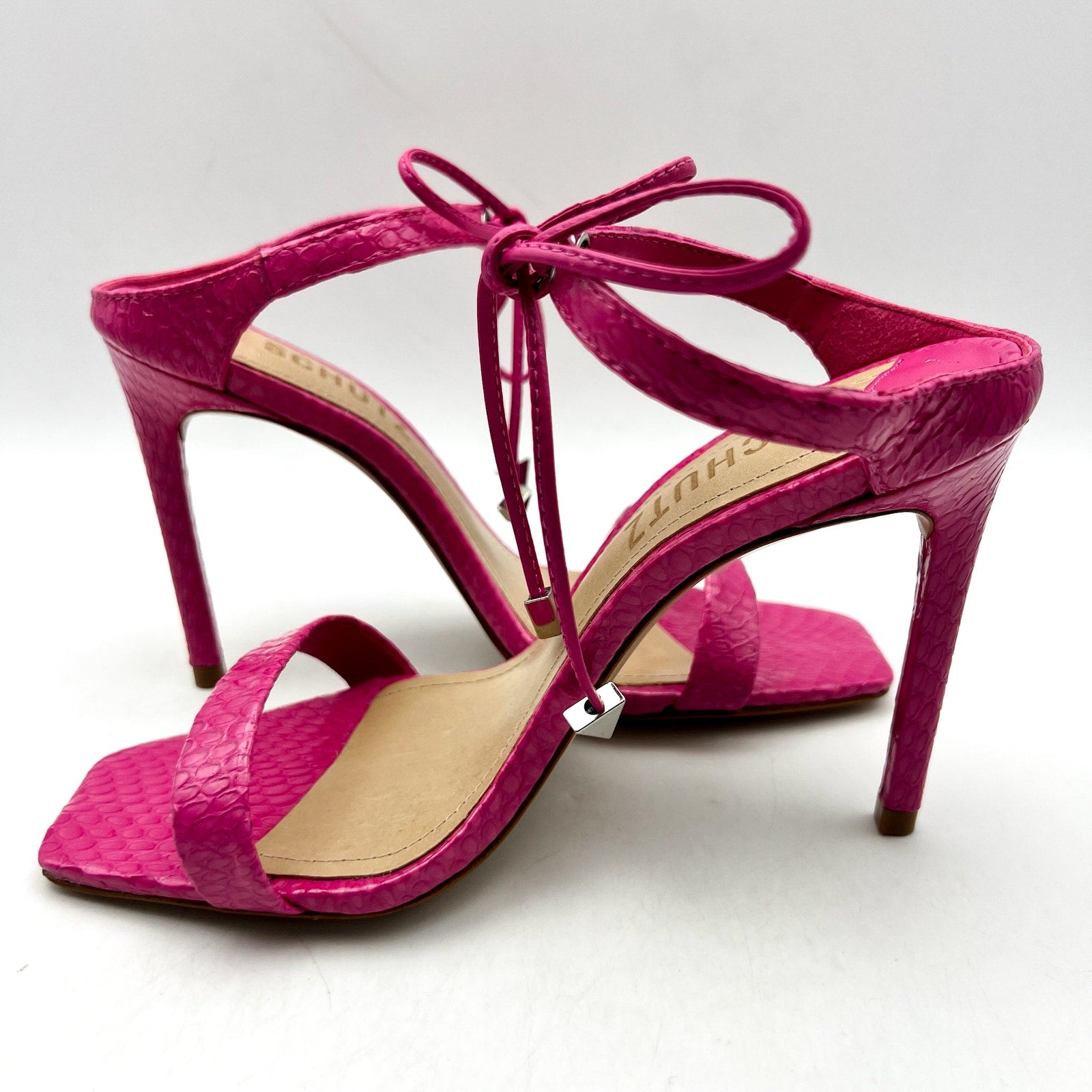 SCHUTZ Womens Mavis Heel Sandals Size 5.5 B Snake Shine Paradise Pink NIB