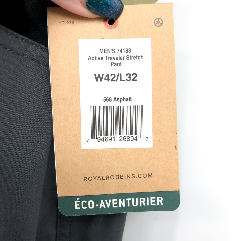 ROYAL ROBBINS Men's Active Traveler Stretch Pants 42x32 Grey Asphalt NWT
