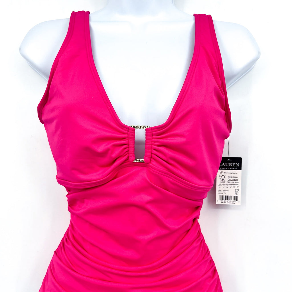 LAUREN RALPH LAUREN Over The Shoulder One Piece Swimsuit Size 12 Pink Ring NWT
