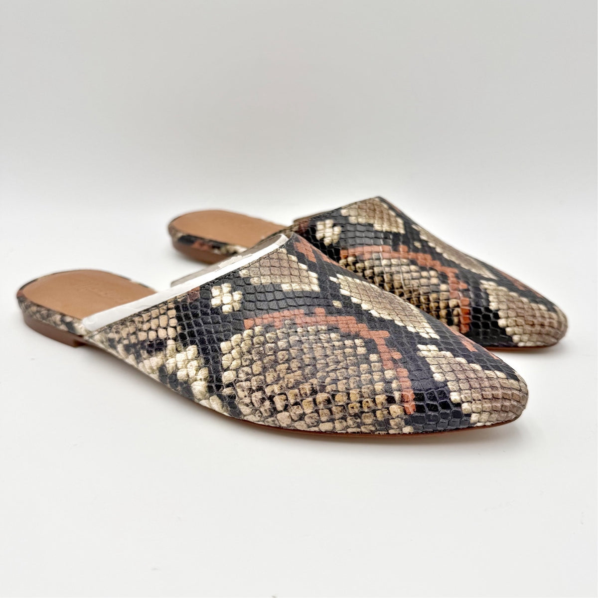 Madewell Womens Remi Mules Size 6 M Brown Leather Snake Print Slide Flats NIB