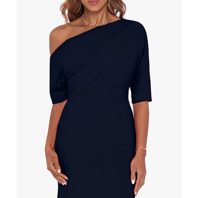 BETSY & ADAM Asymmetrical Scuba Crepe Dress Size 12 Navy Blue A25025 NWT