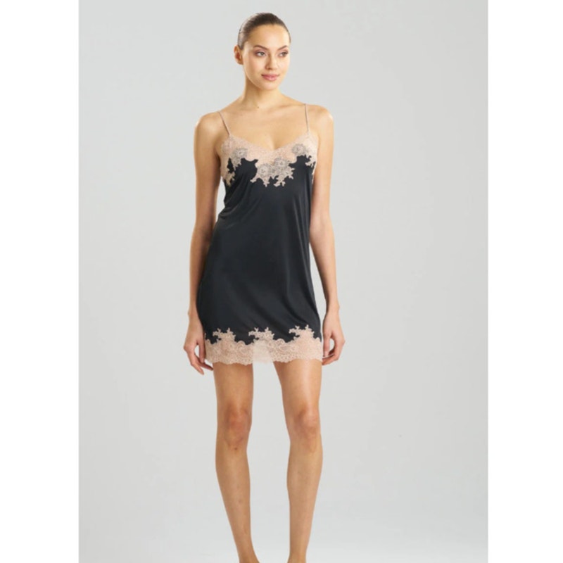 NATORI Women's Enchant Lace Trim Chemise Medium Black Cafe Sleeveless NWT