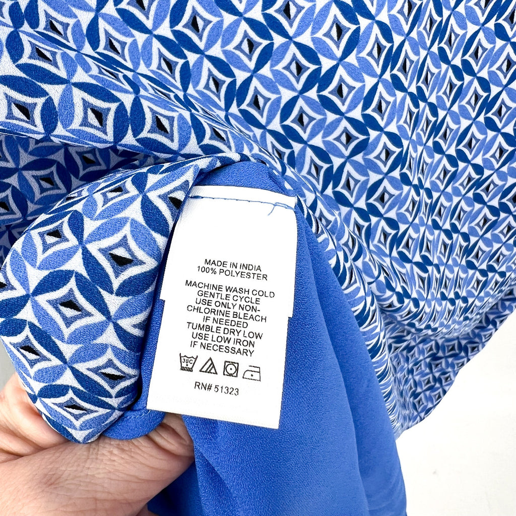 CECE Midi Shirt Dress Size 6 Blue Print Sleeveless V-Neck Belted Waist NWT