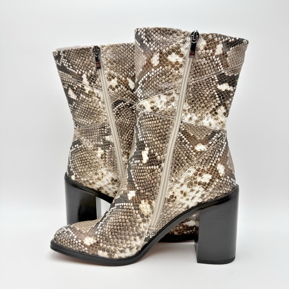 Franco Sarto Womens Stevie Mid Calf Boots Size 8.5 Tan Black Snake Leather NWOB