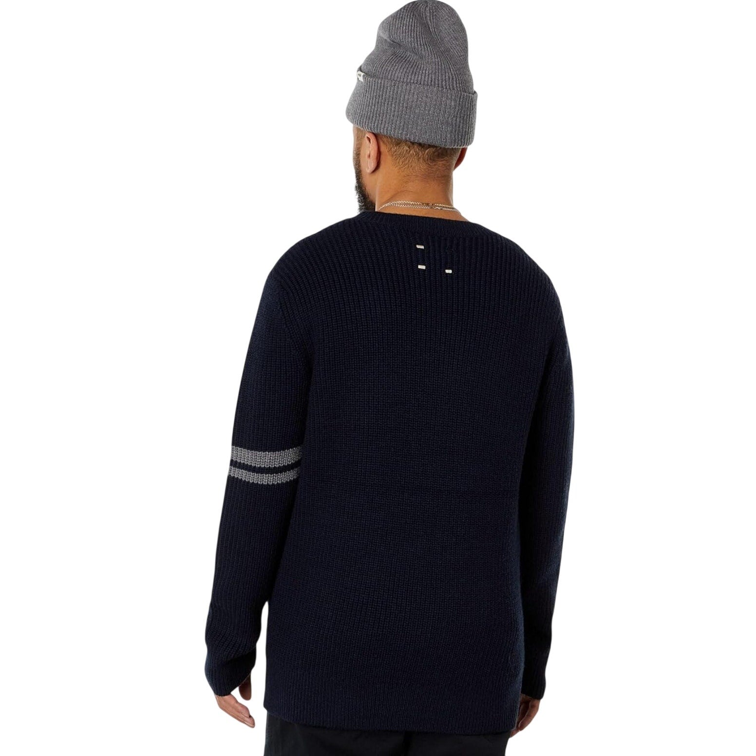 LABEL Men's Go-To Sweater Large Navy Blue Light Grey Crewneck Merino Wool NWT