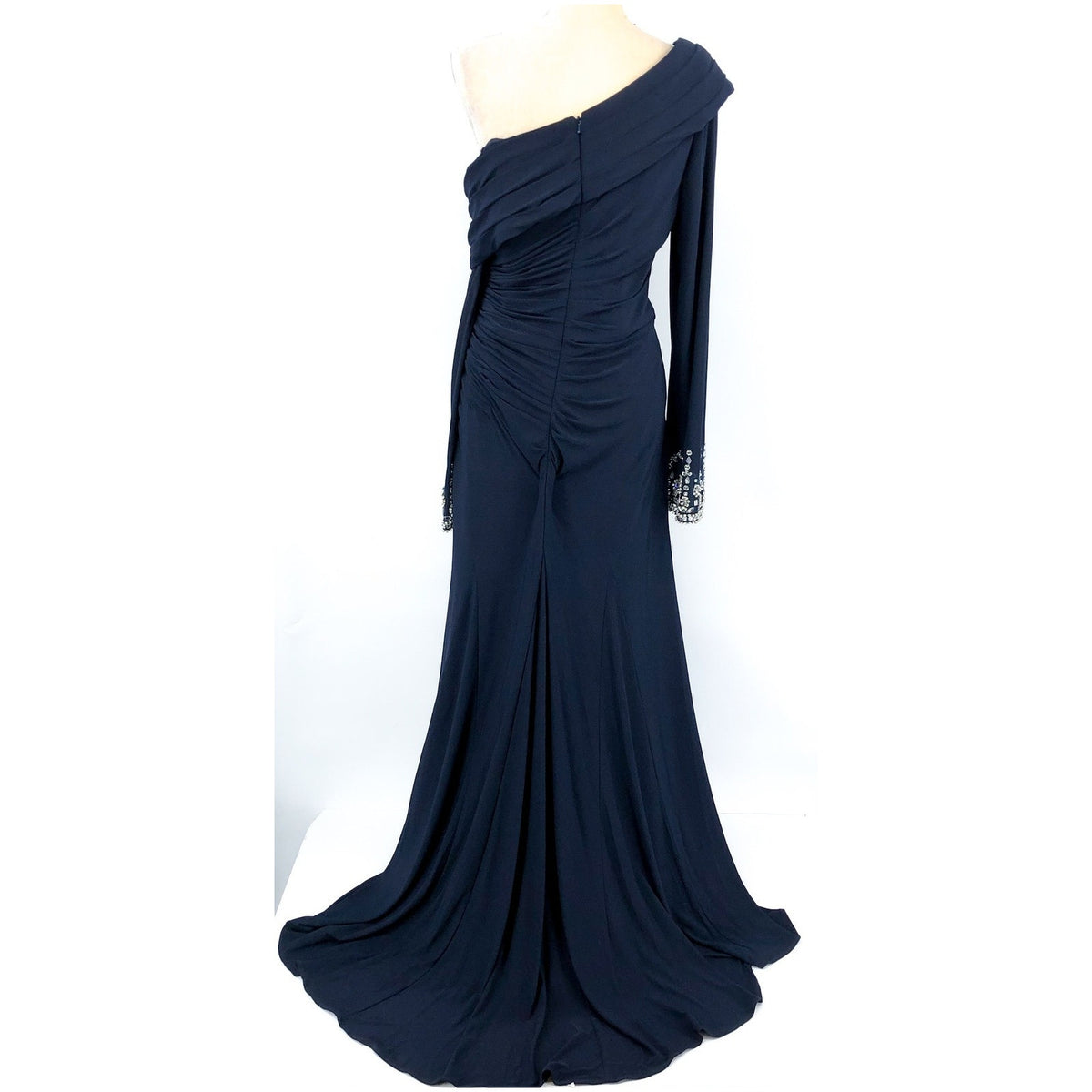 MAC DUGGAL Beaded Cuff Drop Shoulder Gown Size 16 Midnight Navy Blue Formal NWT