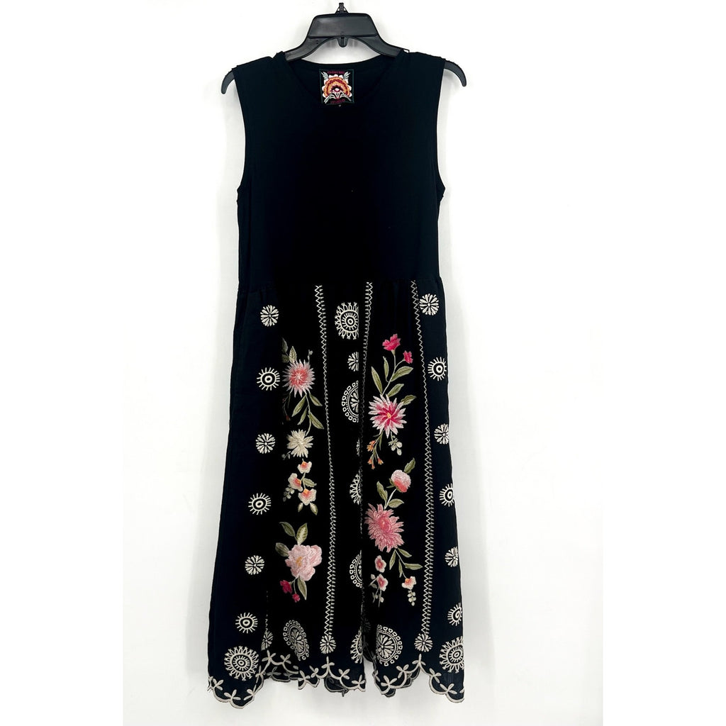 JOHNNY WAS Della Tank Midi Dress Medium Black Floral-Embroidered Linen NWT