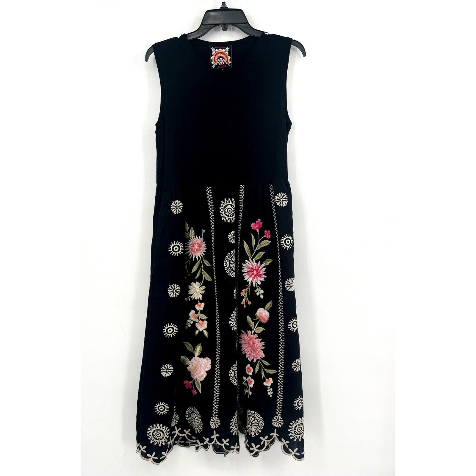 JOHNNY WAS Della Tank Midi Dress Medium Black Floral-Embroidered Linen NWT