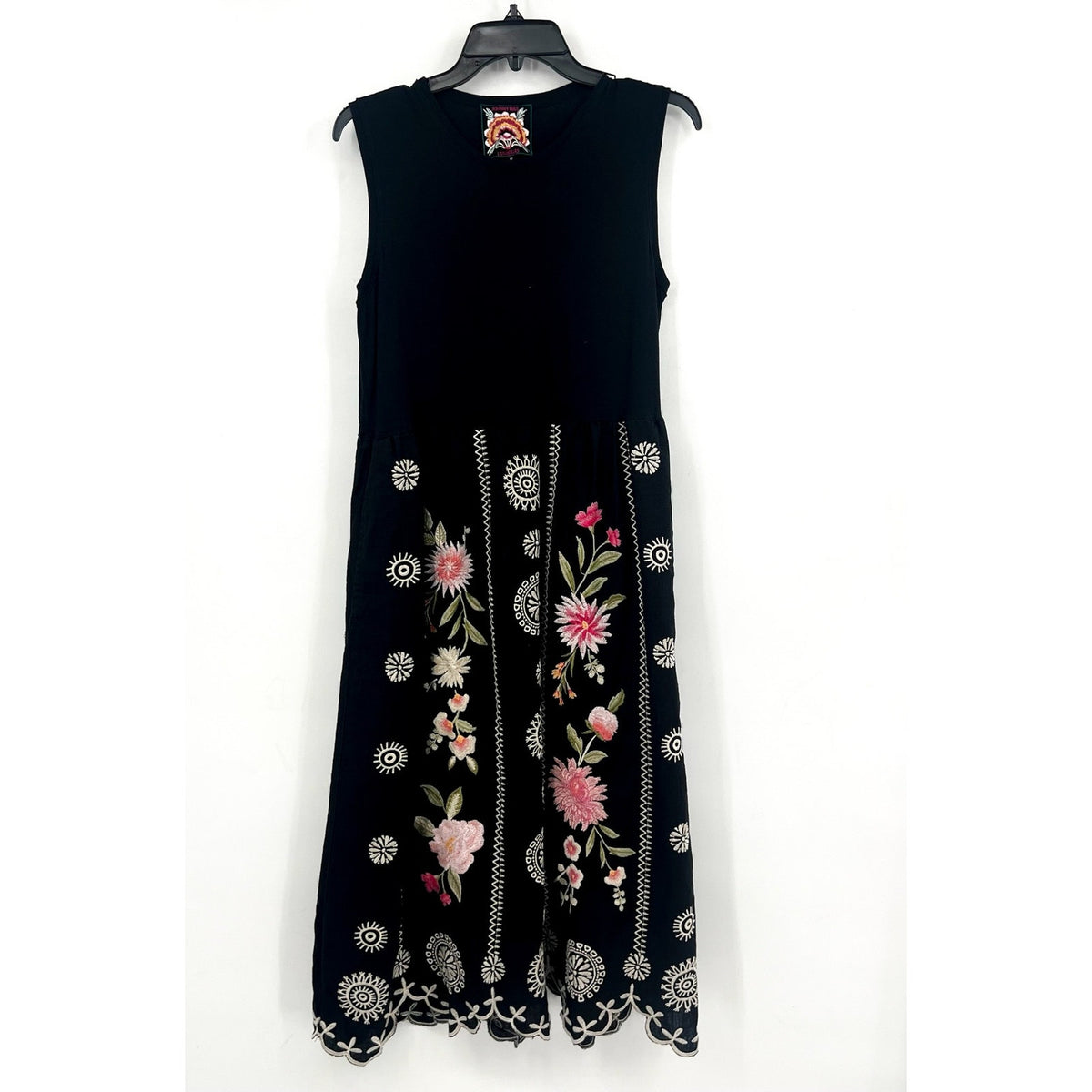 JOHNNY WAS Della Tank Midi Dress Medium Black Floral-Embroidered Linen NWT