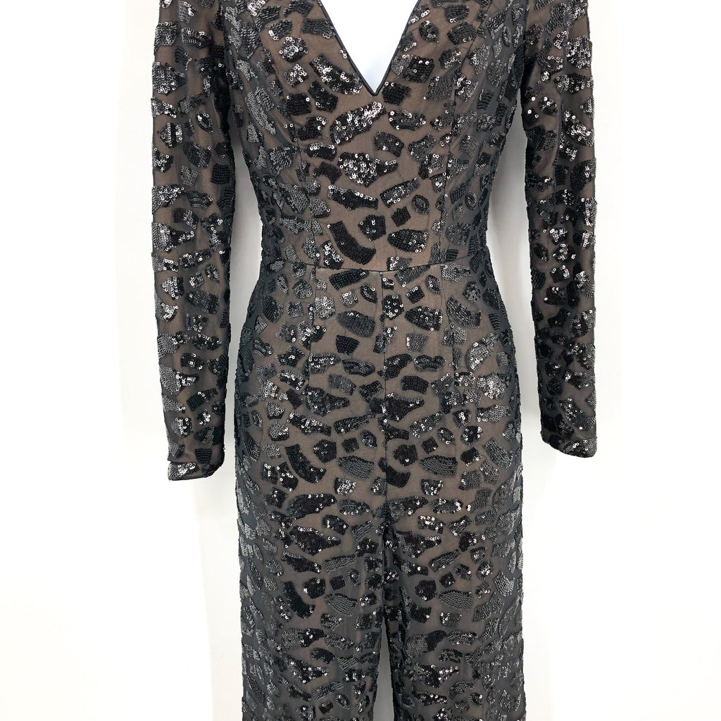 DRESS THE POPULATION Carson Sequin Leopard Jumpsuit XS Black Long Sleeve NWOT