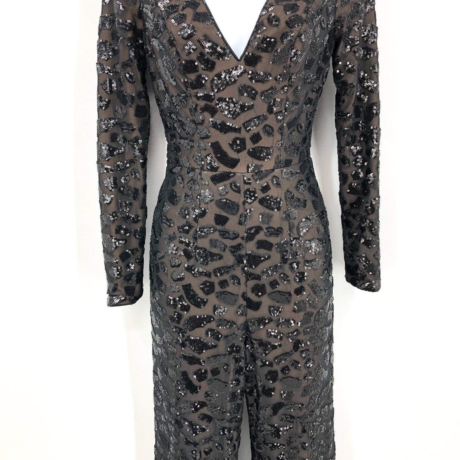 DRESS THE POPULATION Carson Sequin Leopard Jumpsuit XS Black Long Sleeve NWOT