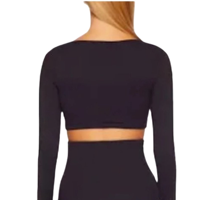 SUSAN MONACO Women's Crop Top Small Black Micro Square Neck Long Sleeve NWOT