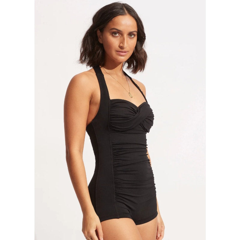 SEAFOLLY Twist Front Boyleg One Piece Swimsuit Size 4 Black Halter Soft Cup NWT