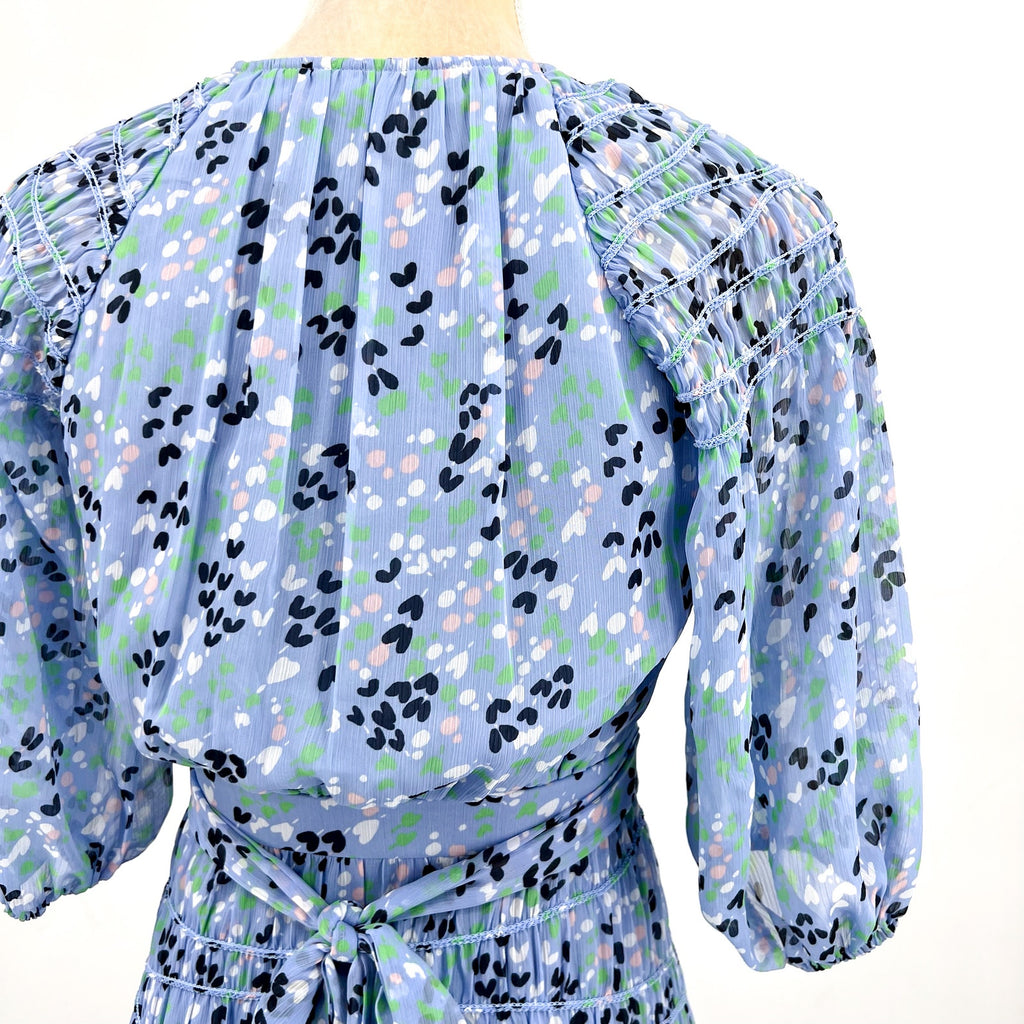 TED BAKER Womens Blakeli Floral Dress TED 0 US 2 Blue Smocked Puff Sleeve NWOT