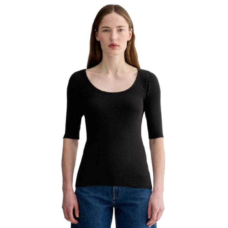 EVERLANE Women's The Luxe Rib Scoop-Neck Tee XS Black Elbow Sleeve SUPIMA NWT