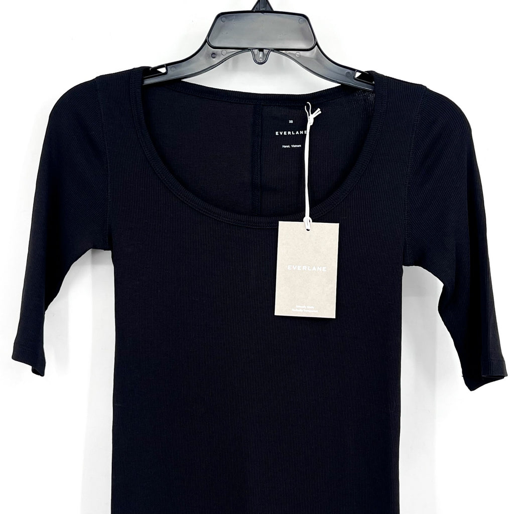EVERLANE Women's The Luxe Rib Scoop-Neck Tee XS Black Elbow Sleeve SUPIMA NWT