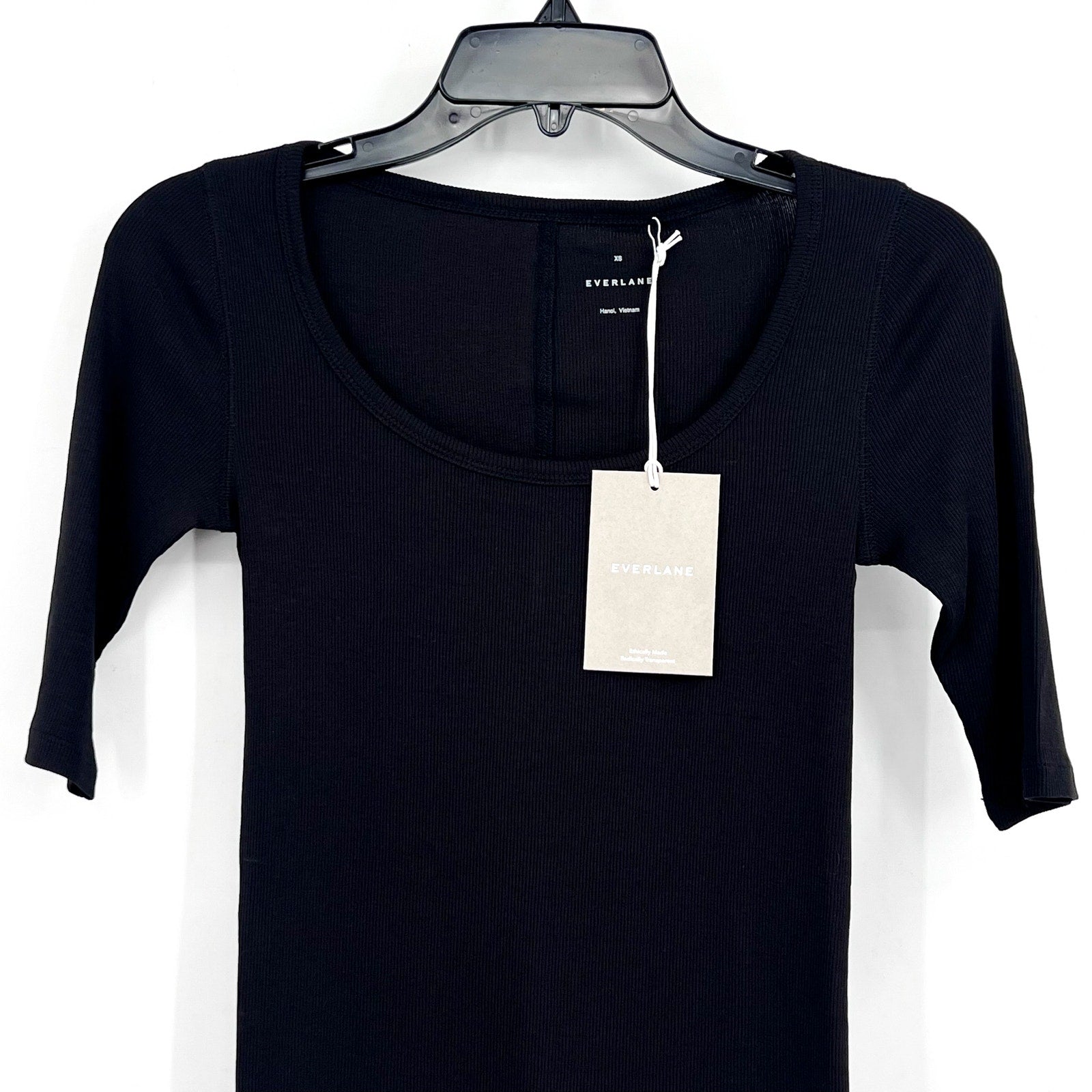 EVERLANE Women's The Luxe Rib Scoop-Neck Tee XS Black Elbow Sleeve SUPIMA NWT