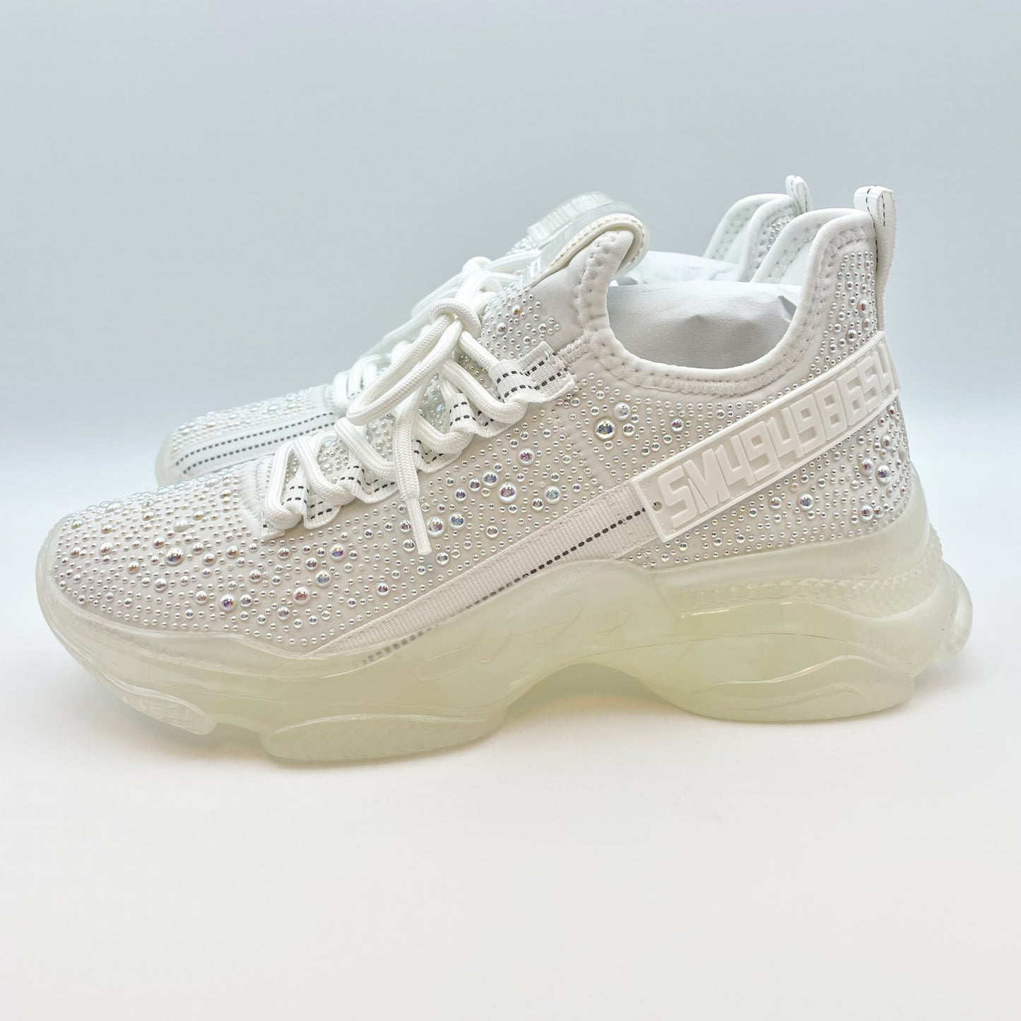Steve Madden Women's Maxima Sneaker Size 8.5 White Rhinestone Embellished NIB
