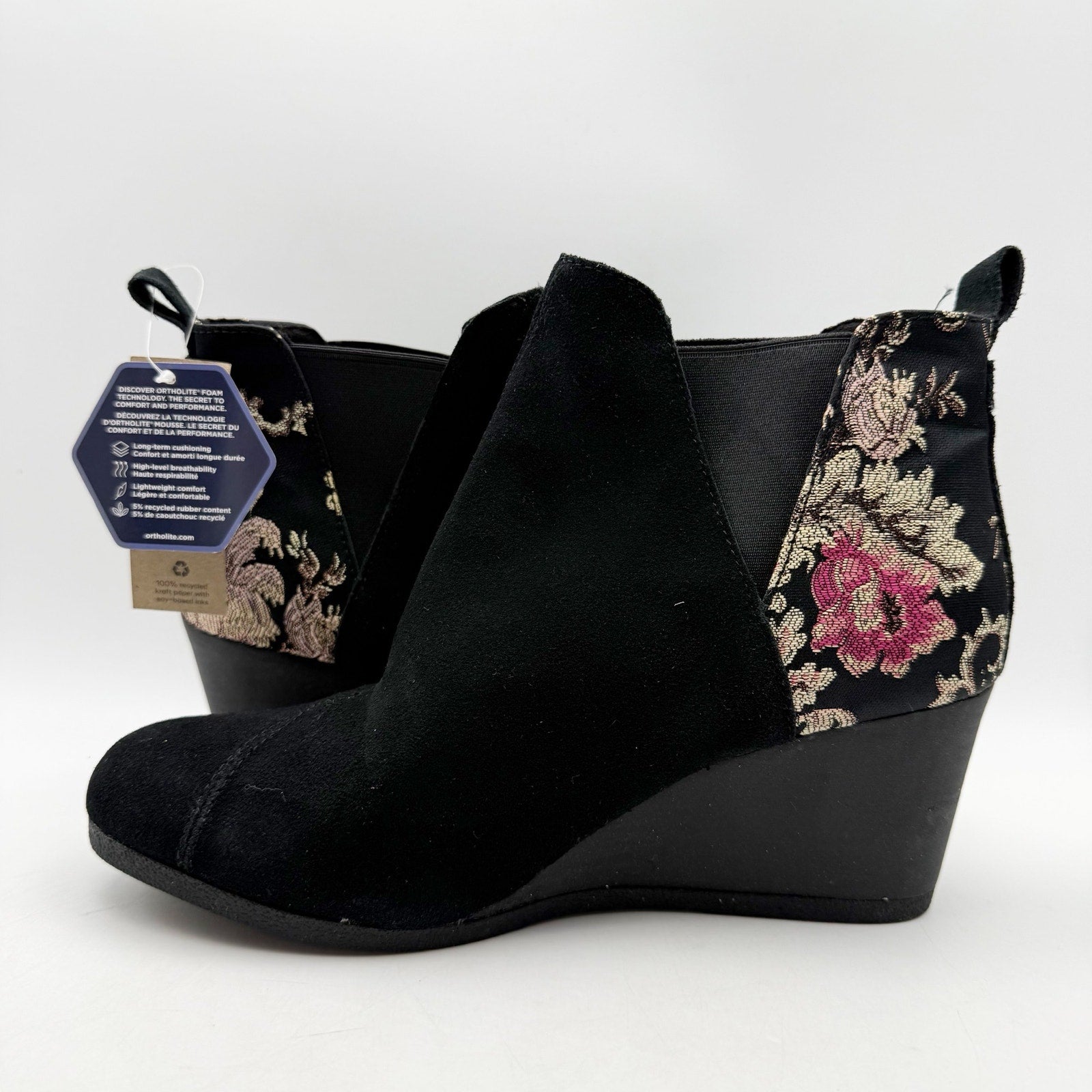 TOMS Womens Kelsey Graphic Wedge Booties US 9.5 EU 41 Black Floral Suede NWOB