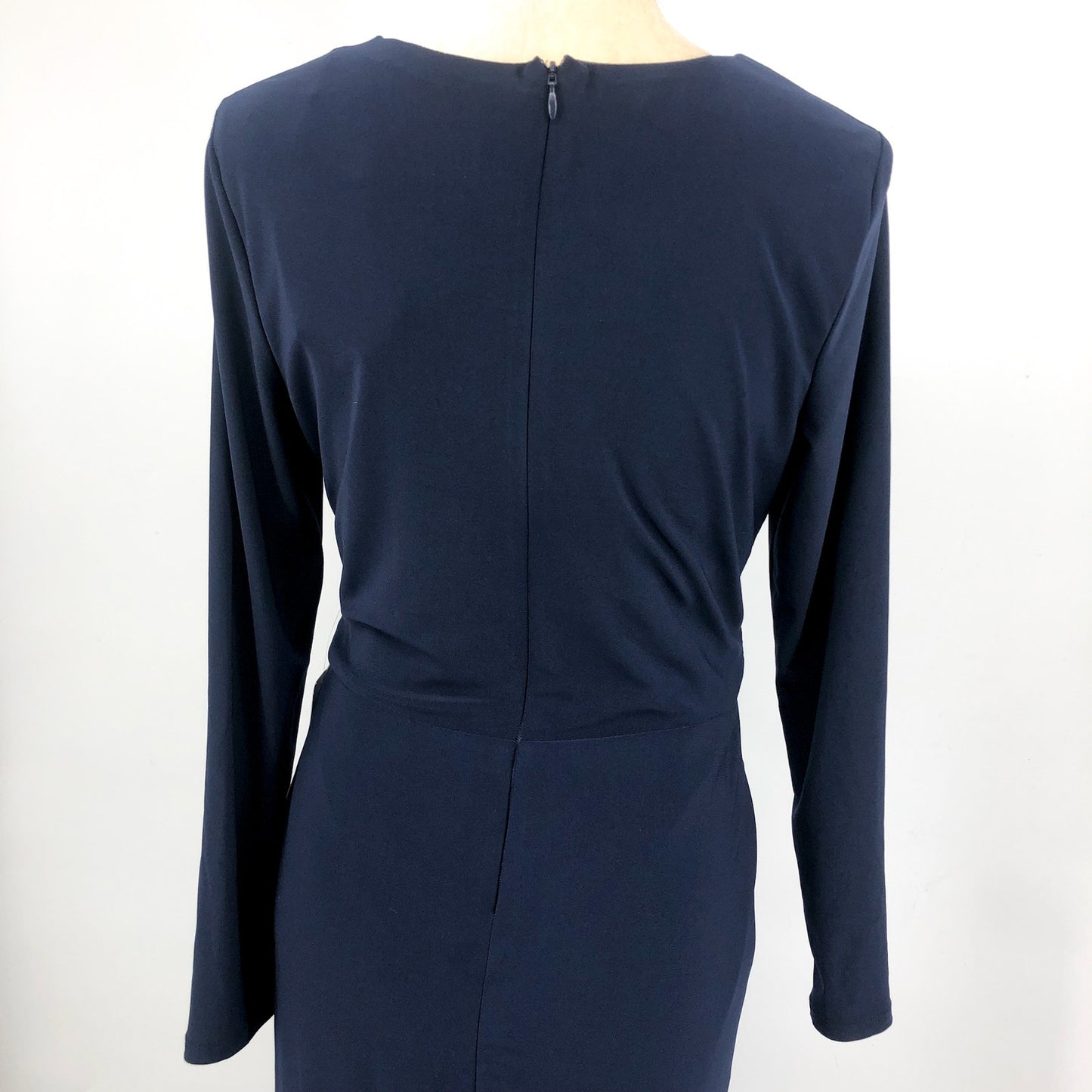 BETSY & ADAM Elle Gown Size 12 Navy Blue Long Sleeve Side Ruffled Slit NWT