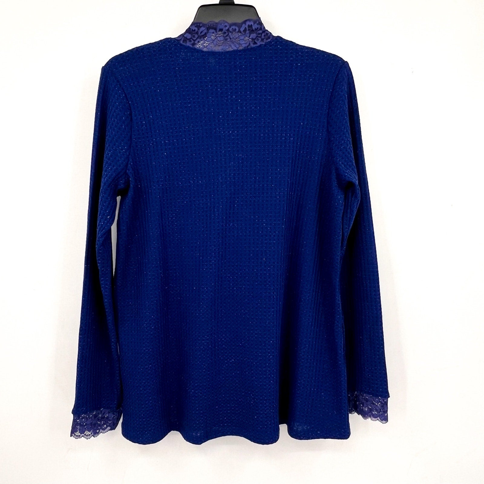 LOGO LORI GOLDSTEIN Metallic Waffle Knit Top Small Blue Sodalite Mock Neck NWOT