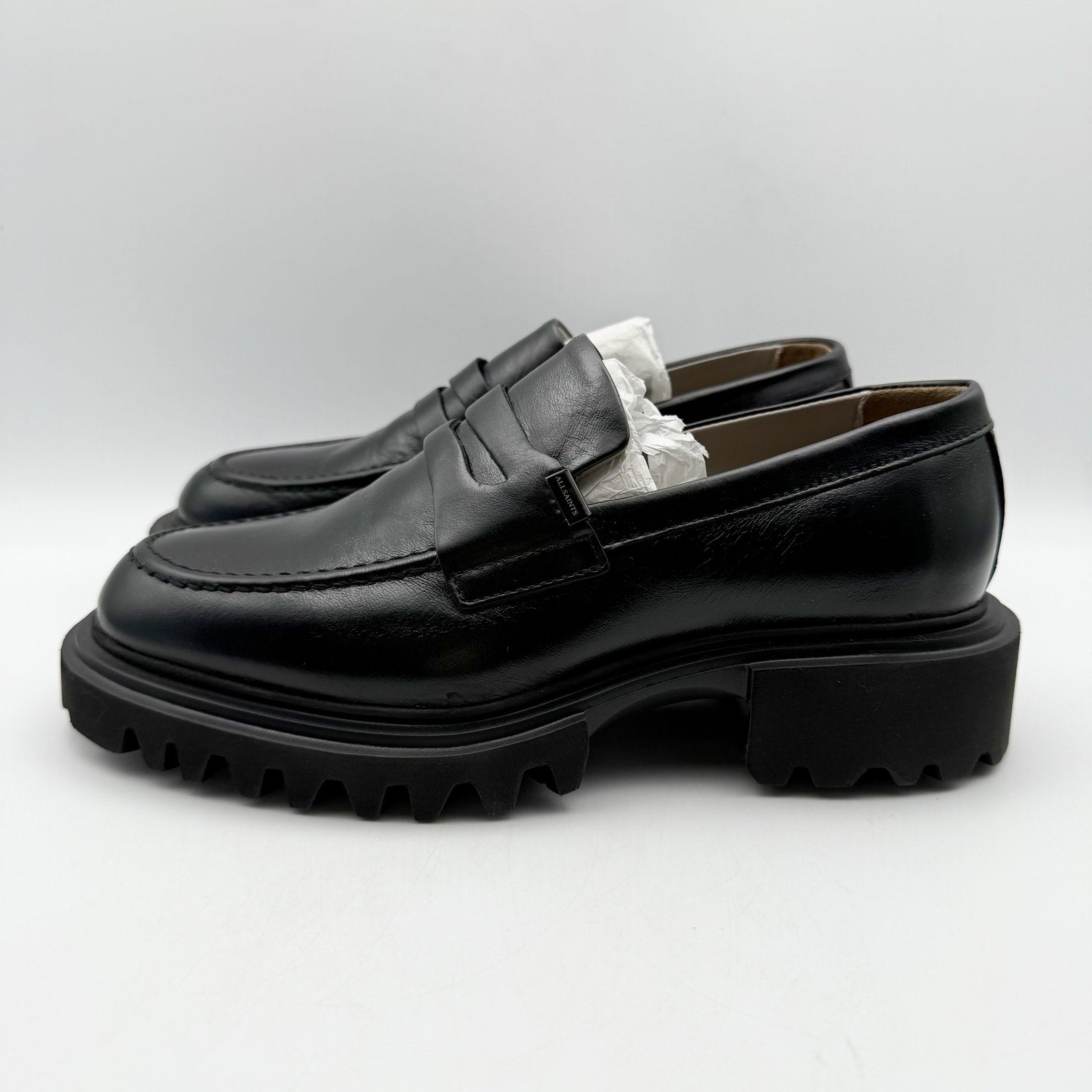 Allsaints Womens Lola Loafers Size 7 EU 37 Black Leather Chunky Lug Sole NWOB