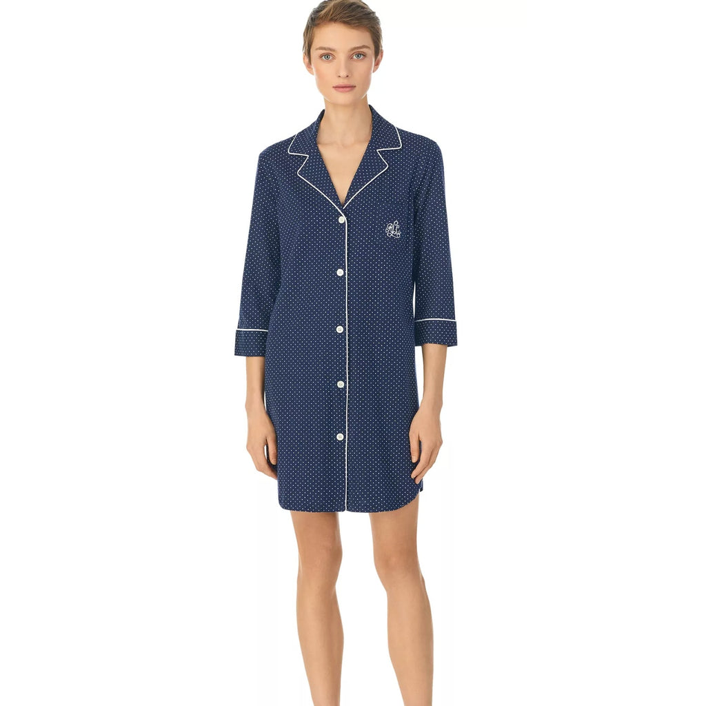 LAUREN RALPH LAUREN Womens Cotton Sleep Shirt Medium Navy Blue White Dot NWT