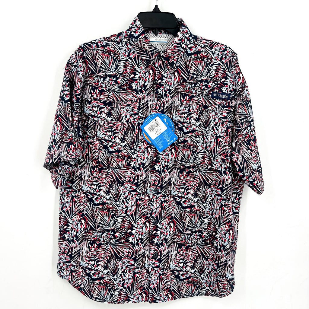 COLUMBIA PFG Mens Super Tamiami Short Sleeve Shirt Small Red Blue Print NWT