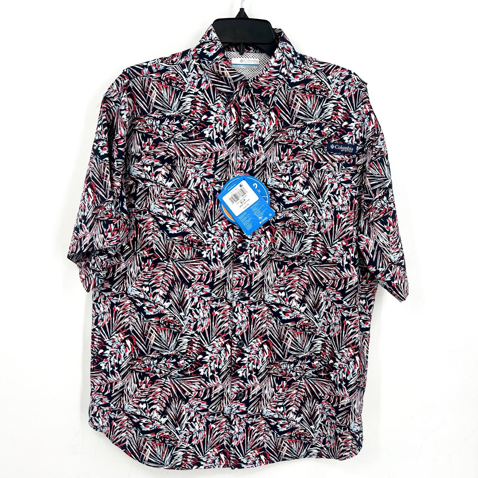 COLUMBIA PFG Mens Super Tamiami Short Sleeve Shirt Small Red Blue Print NWT