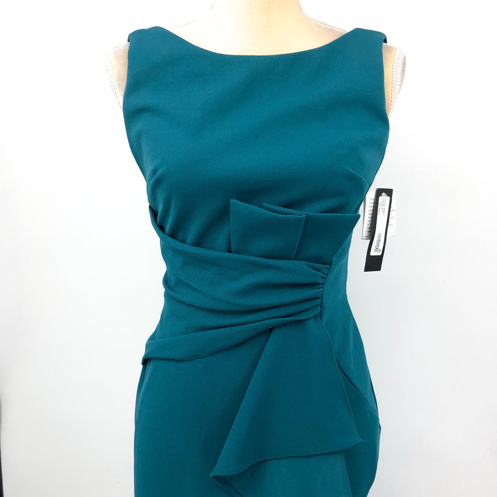 BETSY & ADAM Women's Christine Scuba Crepe Gown Size 4 Azure Blue Ruffle Bow NWT
