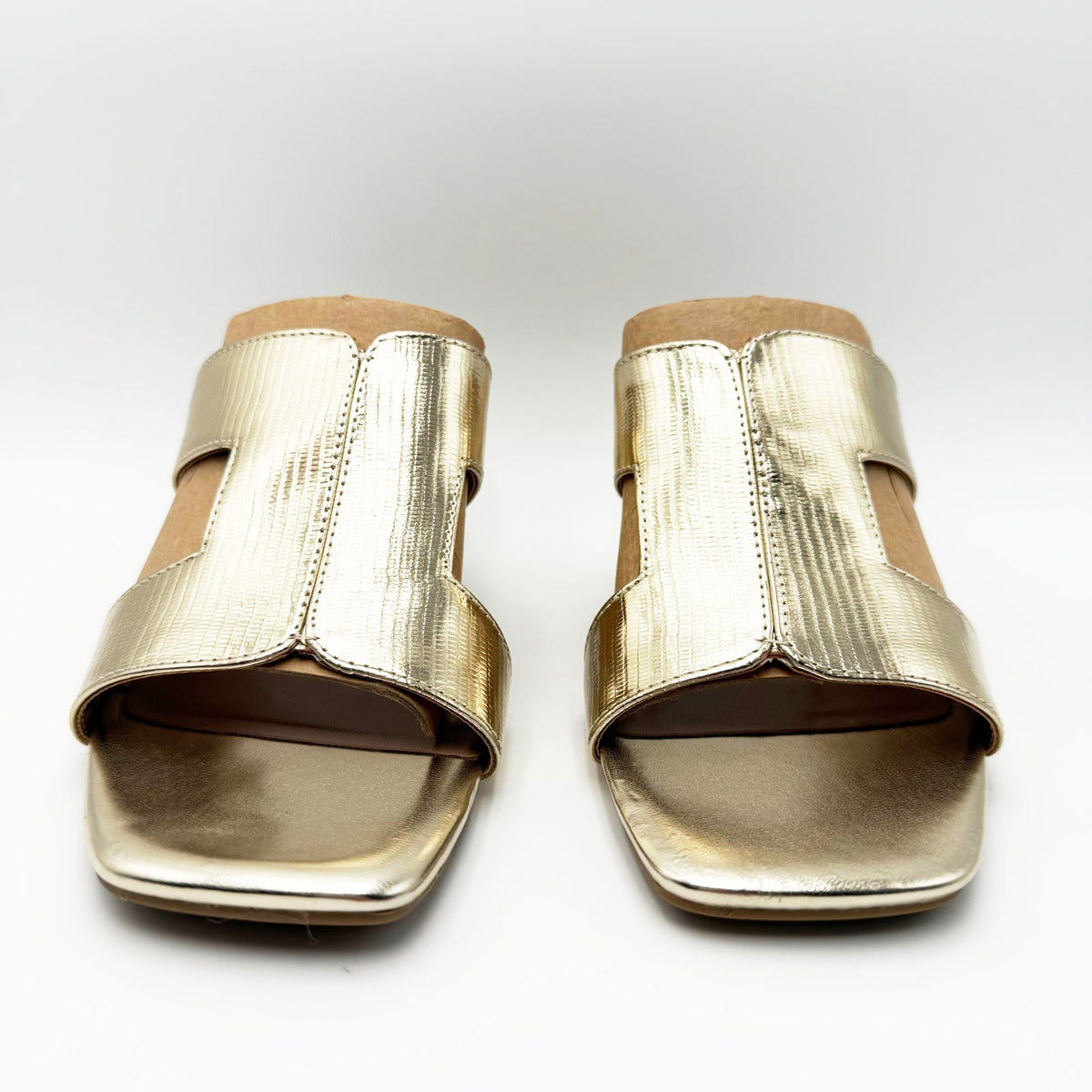 Bandolino Womens Merring Block Heel Slide Sandals Size 9 Gold Lizard NIB