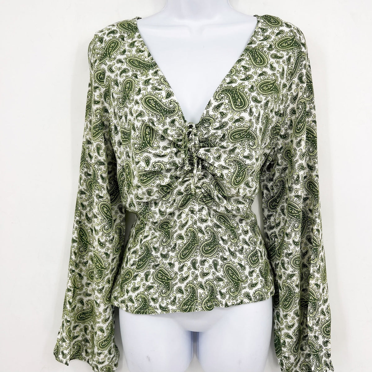 FAITHFULL THE BRAND Women's Bell Sleeve Top Size 10 Green Paisley NWOT